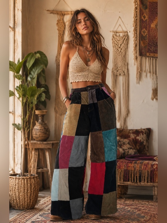 Pants - VTG Women’s Patchwork Cordurory Wide-Leg Pants - Multicolor
